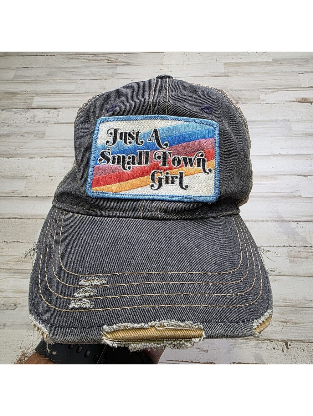 Judith March Trucker Hat “Just a Small Town Girl” Rainbow Distressed Snapback